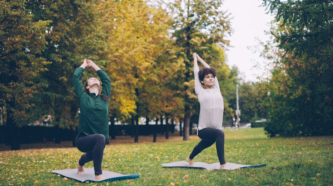 seniors doing yoga outdoors